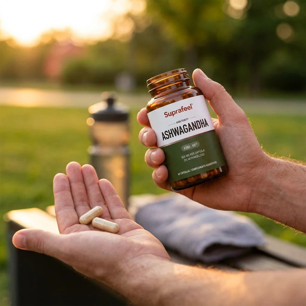 Una mano sostiene un bote de Ashwagandha SUPRAFEEL al aire libre, al atardecer