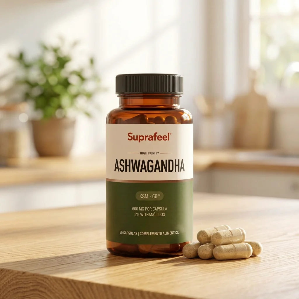 Bote de Ashwagandha SUPRAFEEL sobre la encimera de la cocina, con cápsulas al lado