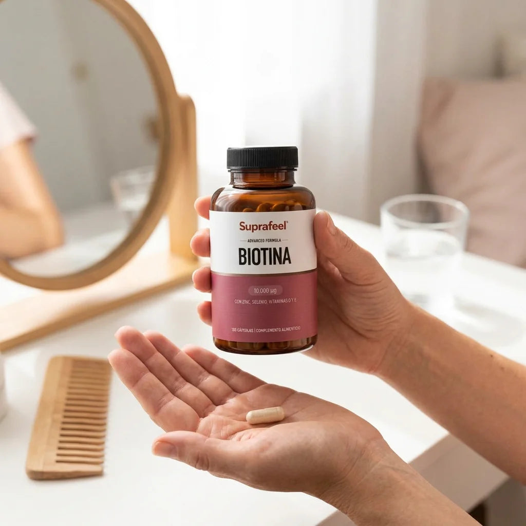 Una mano sostiene un bote de Biotina SUPRAFEEL frente al espejo