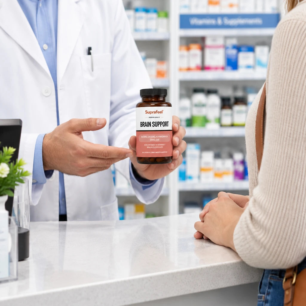 Farmacéutico mostrando un envase en el mostrador
