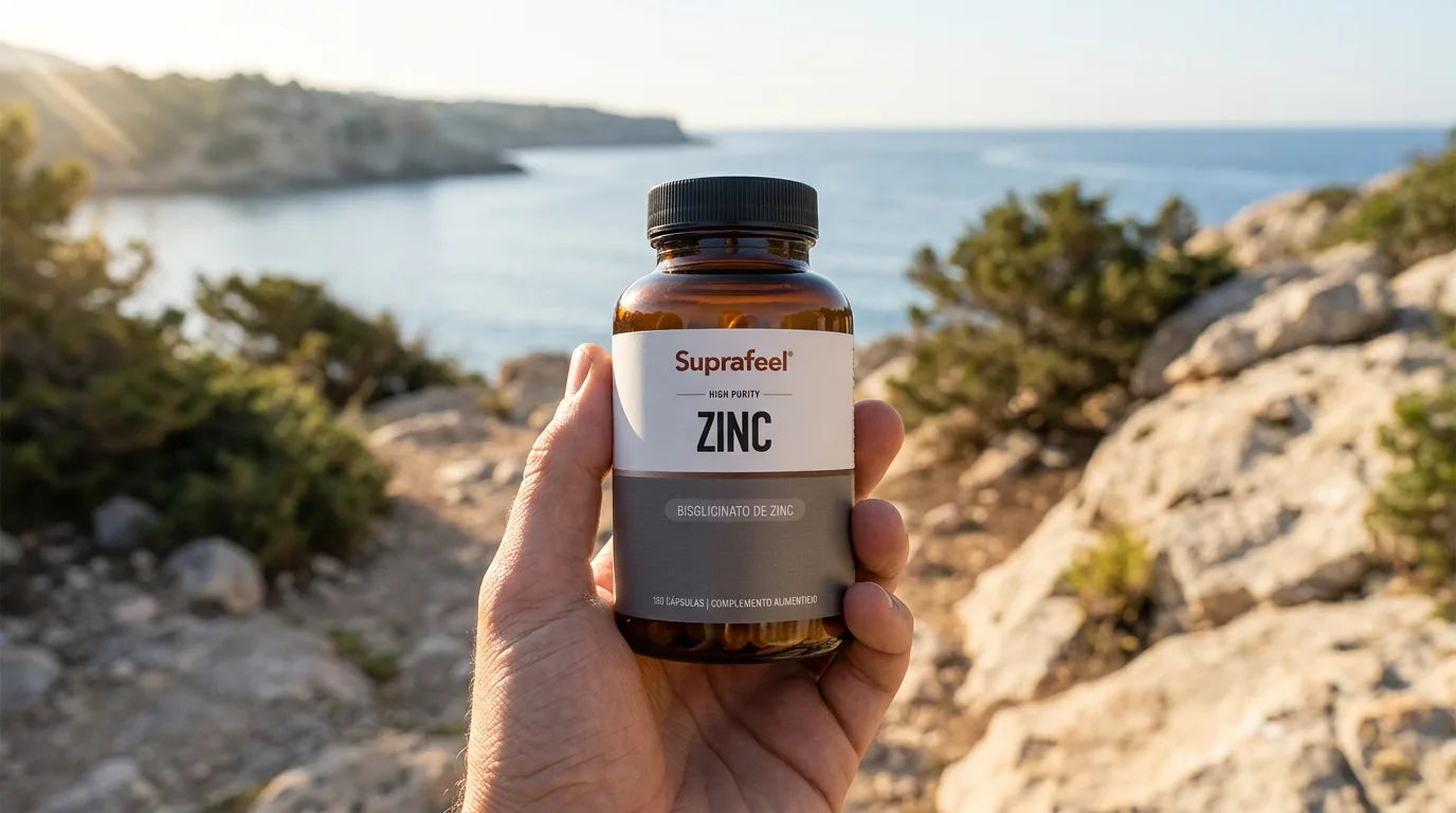Una mano sostiene un bote de Zinc SUPRAFEEL frente al mar
